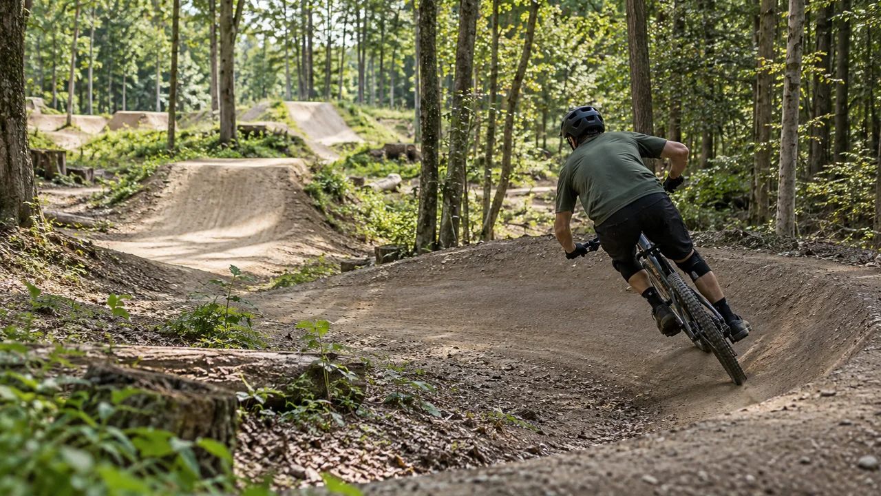 Mountainbikerytter tager et doseret sving på anlagte jordspor i en grøn skov.